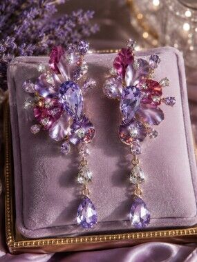 Lavender Floral Drop Earrings - Women Jewelry Hand Made With Swarovski Crystals